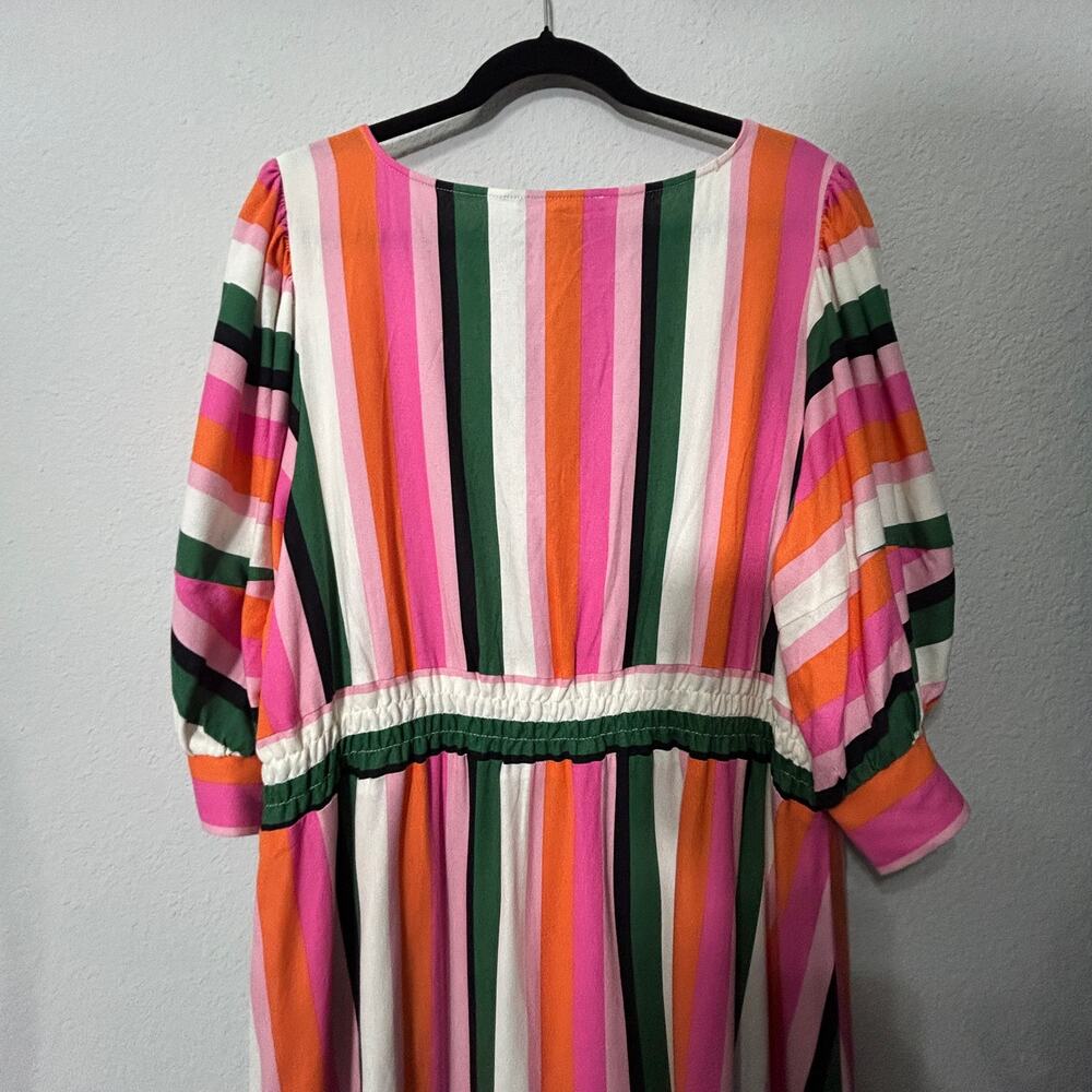 Eloquii Stripe Fit & Flare Linen Blend Dress Pink Green Cut Out Puff Sleeve 20 - Picture 7 of 11